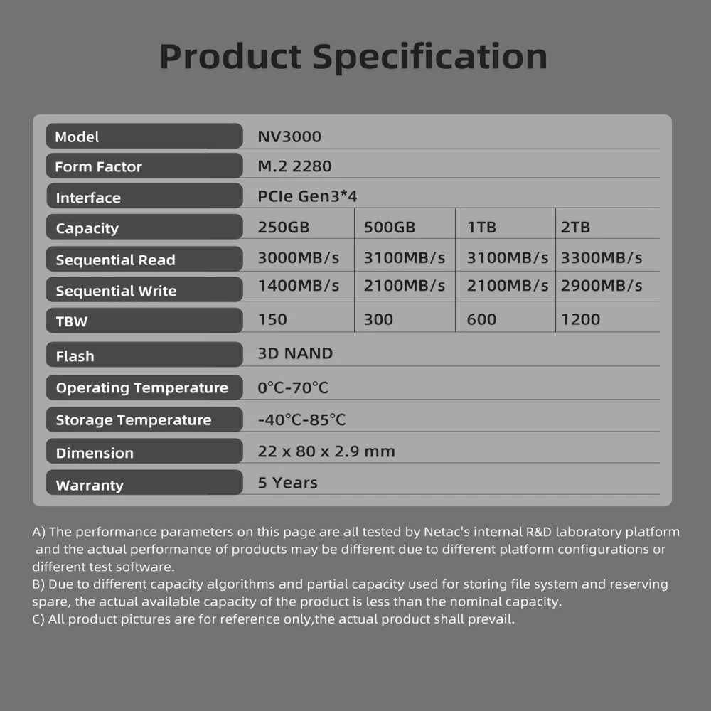 Netac M2 SSD Nvme 250Gb 500Gb 1Tb 2Tb SSD M.2 2280 Pcie SSD Internal Solid State Drive Disk for Laptop Desktop