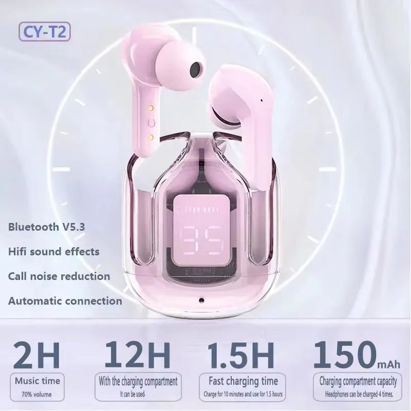 T2 Wireless Bluetooth Earphones with Transparent Design, HIFI Stereo Sound, LED Power Display, Compatible with Xiaomi
