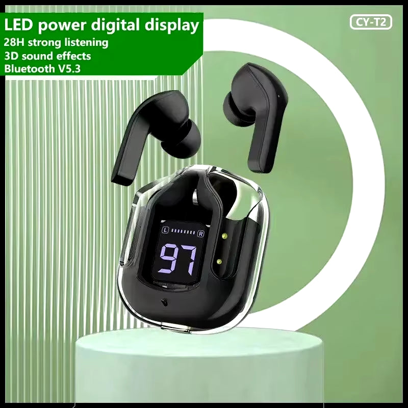 T2 Wireless Bluetooth Earphones with Transparent Design, HIFI Stereo Sound, LED Power Display, Compatible with Xiaomi