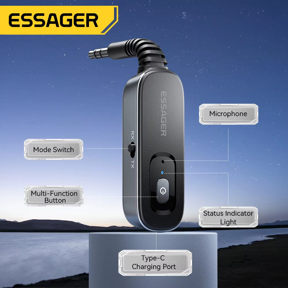 Essager Bluetooth 5.1 Audio Receiver Transmitter 3.5MM 3.5 AUX with Mic Stereo Music Wireless Adapter for PC TV Car Speakers