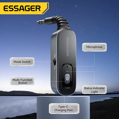 Essager Bluetooth 5.1 Audio Receiver Transmitter 3.5MM 3.5 AUX with Mic Stereo Music Wireless Adapter for PC TV Car Speakers