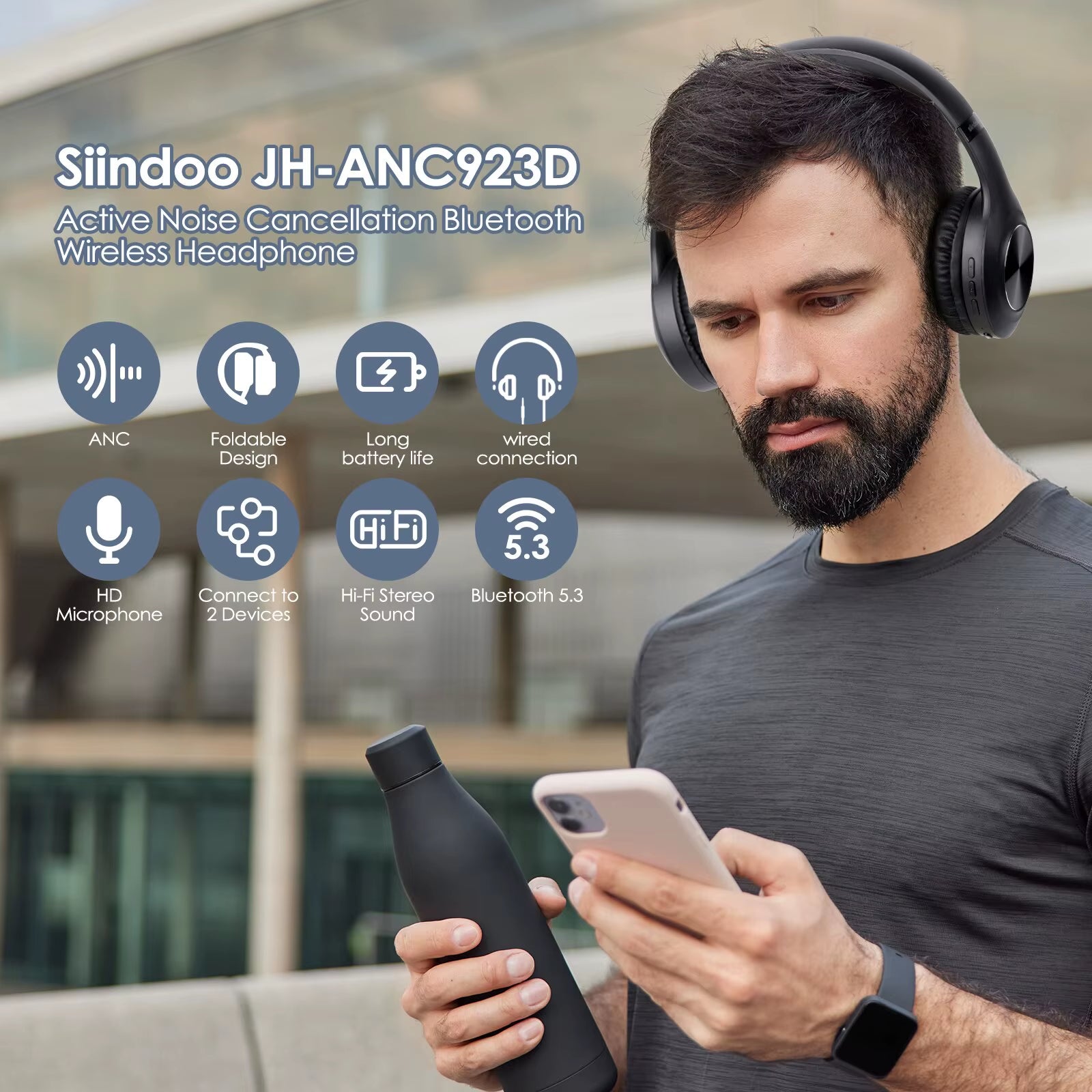 Siindoo JH-ANC923 Foldable Over-Ear Wireless Headphones with Active Noise Cancelling, Hi-Fi Stereo Sound, and Built-in Microphone
