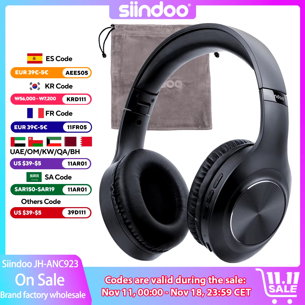 Siindoo JH-ANC923 Foldable Over-Ear Wireless Headphones with Active Noise Cancelling, Hi-Fi Stereo Sound, and Built-in Microphone