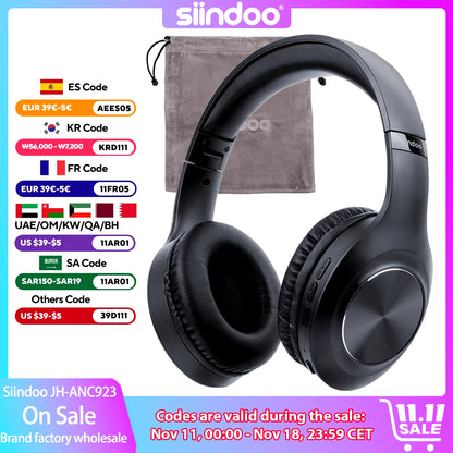 Siindoo JH-ANC923 Foldable Over-Ear Wireless Headphones with Active Noise Cancelling, Hi-Fi Stereo Sound, and Built-in Microphone
