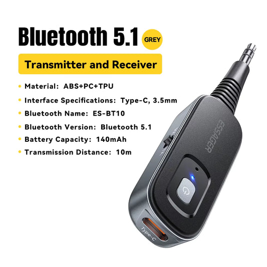 Essager Bluetooth 5.1 Audio Receiver Transmitter 3.5MM 3.5 AUX with Mic Stereo Music Wireless Adapter for PC TV Car Speakers